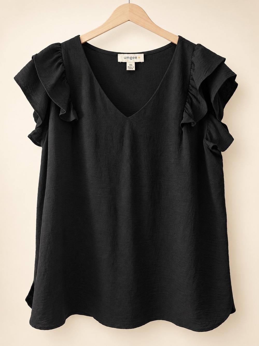 Umgee Black V-Neck Ruffle Cap Sleeve Top